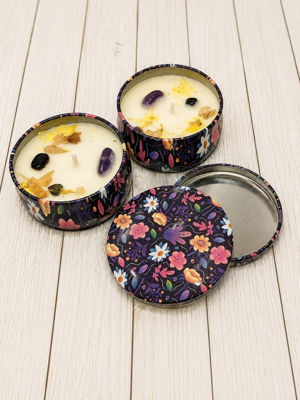 Floral Scented Tin Candles with Crystals - Purple Floral (Set of 2)